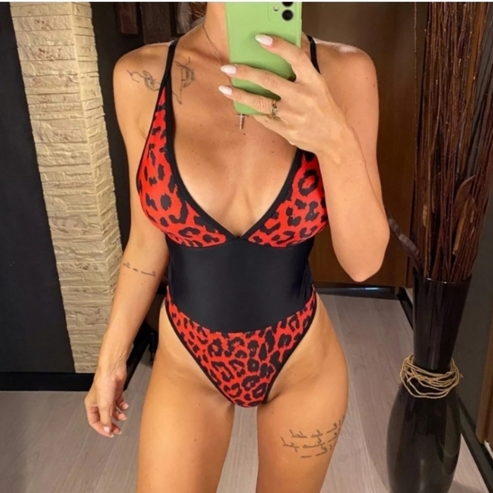 New Red Leopard Open Back One piece Swimsuit Size L